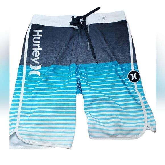 Hurley Phantom Gray & Blue Striped Swim Trunks - Picture 1 of 5